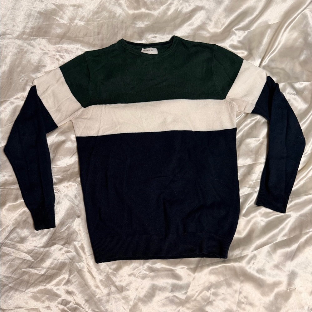 Men's Long Sleeve Sweater in Green, White, and Navy